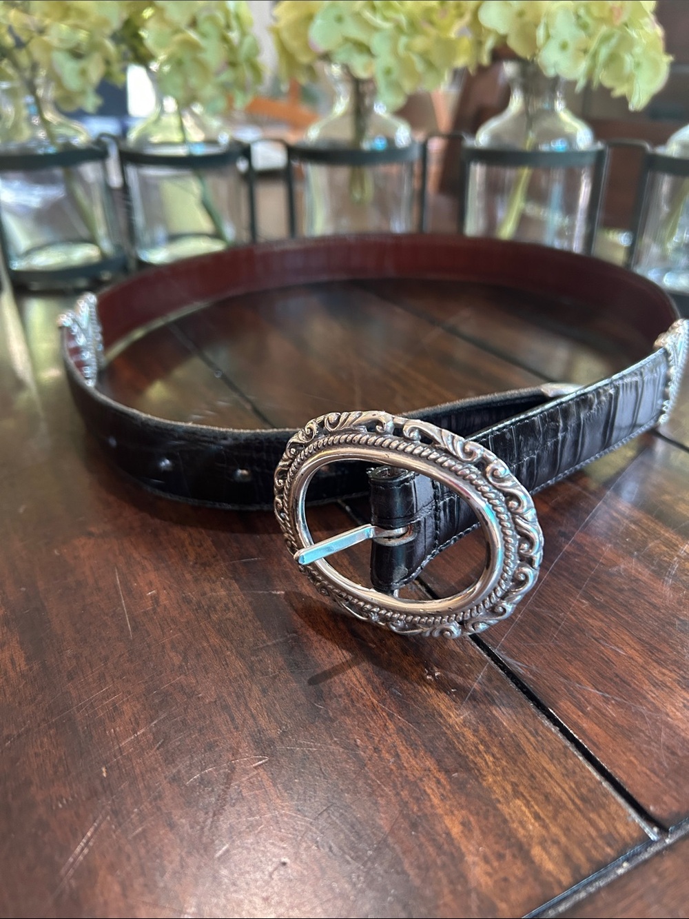 Brighton Women's reversible Black Croc-Embossed Leather Belt w/ Silver Buckle